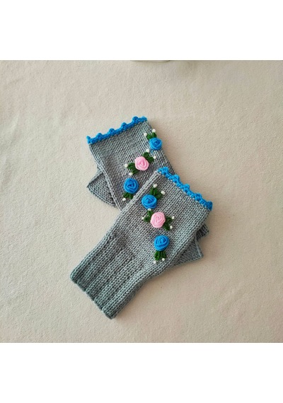 Newdaycraft El Örgüsü Mavi Ve Pembe Gül Nakışlı Gri Parmaksız Eldiven