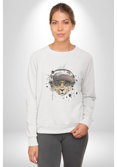 Pop Art Kaplan Müzik Kulaklık Güneş Gözlüğü Unisex Beyaz Baskılı Sweatshirt Beyaz