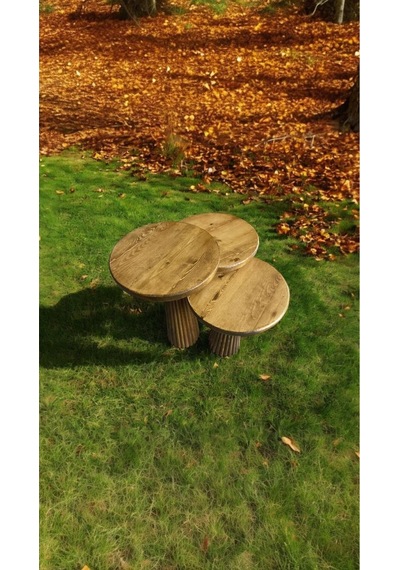 Simillo Wood Wooden Ahşap 3 Lü Set Fitilli Mantar Yan Sehpa Modern Koyu Ceviz Renkli Fiskos Koyu Ceviz