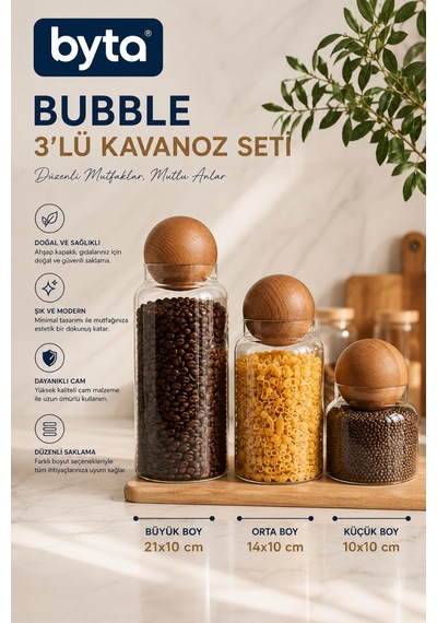 Bubble 3'lü Cam Kavanoz Seti Ahşap Kapaklı Mutfak Saklama Kavanozu Diğer