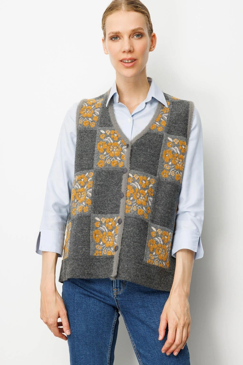 Desen Triko Kadın Pıtırcık Çiçekli Patchwork Keçe Yün Yelek Füme Hardal Füme Hardal