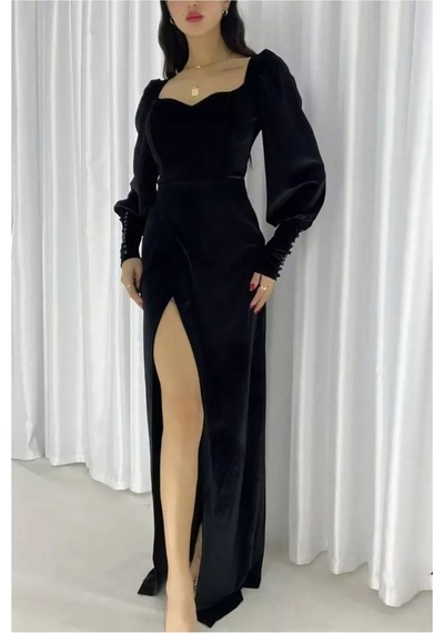 DefyModa Kadın Trend Model Kadife Kumaş Kare Yaka Yırtmaçlı Abiye Elbise Siyah
