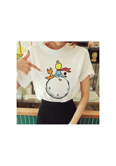 Tarzsokak Kadın Beyaz Küçük Prens Baskılı Bisiklet Yaka Oversize Geniş Kalıp T-shirt Tişört