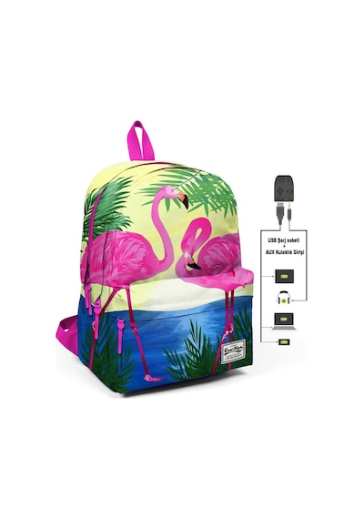 Coral High Flamingo Aşkı Üç Gözlü Okul ve Günlük Sırt Çantası USB+AUX Soketli