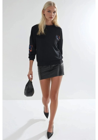 Fiolin Modal Dokulu İşlemeli Bisiklet Yaka Sweatshirt siyah