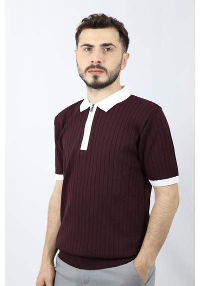 Ventov Fermuarlı Polo Yaka Fitilli Erkek Triko Vtr2601 Bordo - Beyaz
