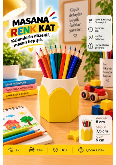 Kalemlik Renkli Kurşun Kalem Tasarımlı, 3d Baskı Sarı
