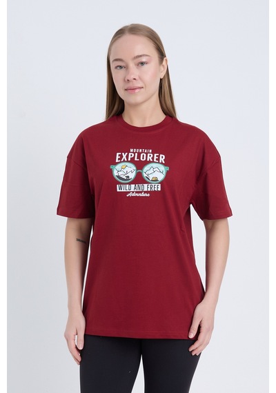 Velvoria Unisex Oversize Mountain Explorer Baskılı Bordo Renk T-shirt