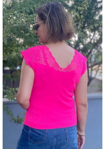 Mia Butik Kadın Pembe Sıfır Kol Ajurlu Triko Bluz Pembe