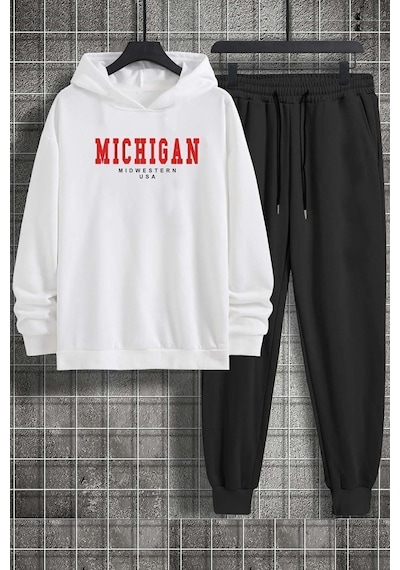 Uyguntarz Unisex Michigan Baskılı Eşofman Takımı Beyaz