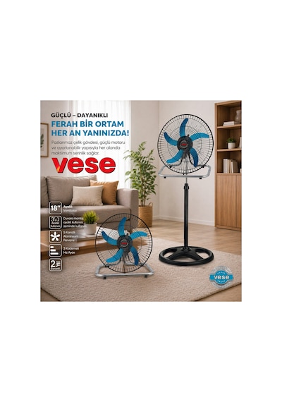 Vese Vnt-003 18" İnç 46cm Sanayi Tipi Ayaklı Vantilatör 3 Kademe Hız & 5 Metal Kanat 80w Fan