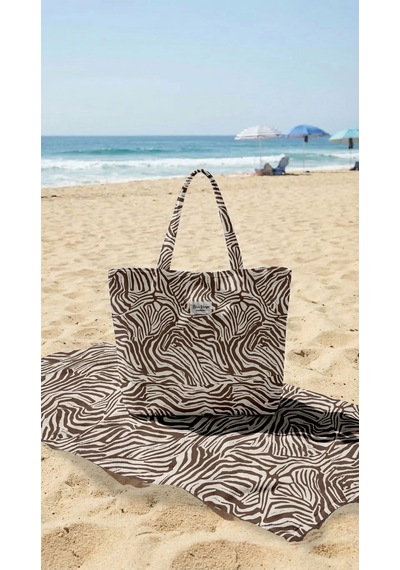Miami Beach Zebra Desenli Kahverengi Krem Parçalı Kendinden Saplı Astarlı Kadın Plaj Çantası Renkli