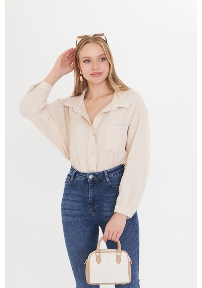 Thiffgymwear Kadın Oversize Basic Cepli Müslin Gömlek Bej
