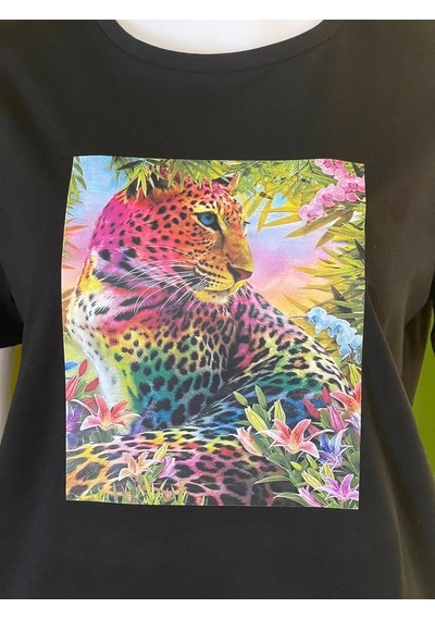 %100 Pamuk Basic Bisiklet Yaka Örme 3 Boyutlu Renkli Kaplan Baskı T-shirt Siyah
