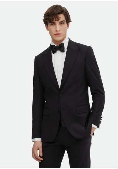 Ramsey Siyah Düz Thin&taller Slim Fit Kruvaze Yaka Dokuma Smokin Takım Elbise