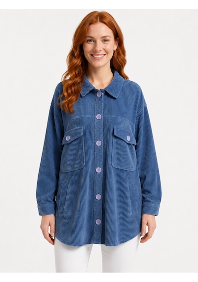 Neden Tekstil Kadın Mavi Oversize Fit Kadife Cep Detaylı Ceket