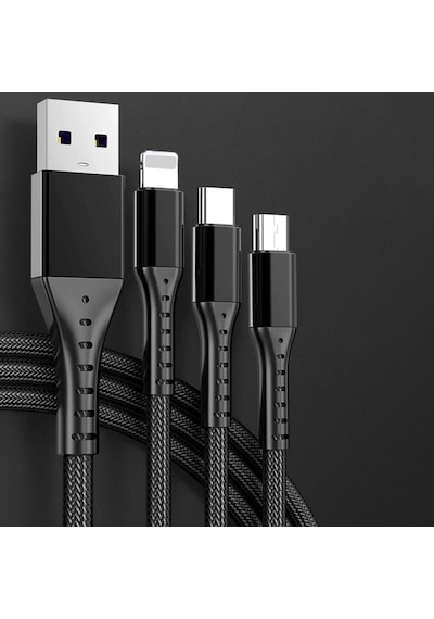 Hasır, 3 İn 1, Şarj Kablosu, Lightning & Micro Usb, Type-c, Apple Uyumlu iOS, - Siyah