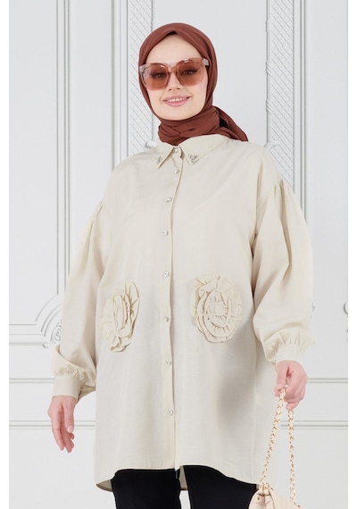 Sevitli Önü Gül Detaylı Tunik-bej-3630-bej Bej