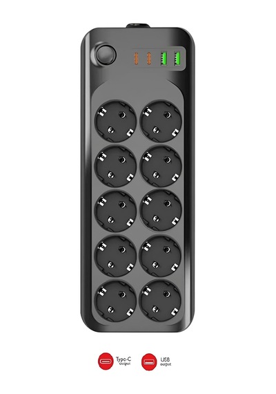 Termal Akım Korumalı Grup Priz Usb & Type-c 2.1a Şarj Çıkışlı 10 Lu Uzaatma Kablo 10a 2500w 2 Metre 3423 Siyah