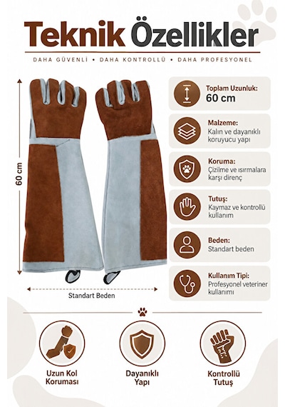 Petgrooming Profesyonel Veteriner Kedi Tutma Ve Yakalama Eldiveni 60 Cm Uzun Kollu Koruyucu Eldiven