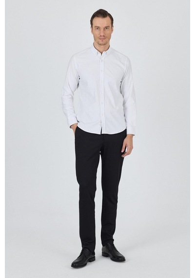 İmza Uzun Kol Düz Bez Ayağı Düğmeli Yaka Cepsiz Pamuklu Casual Slim Fit Gömlek 1004250212 Beyaz