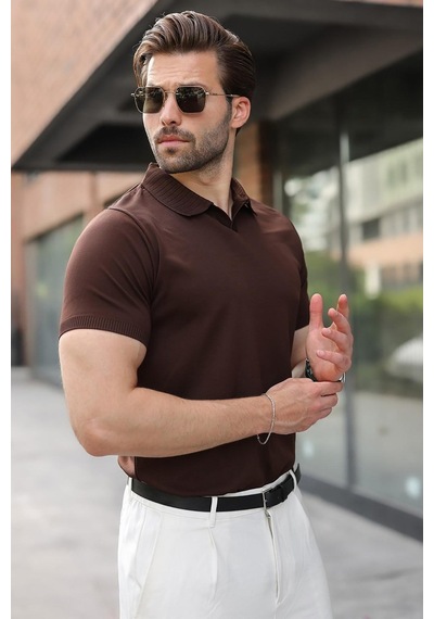 Madmext Kahverengi Regular Fit Polo Yaka Triko Erkek Tişört E7502