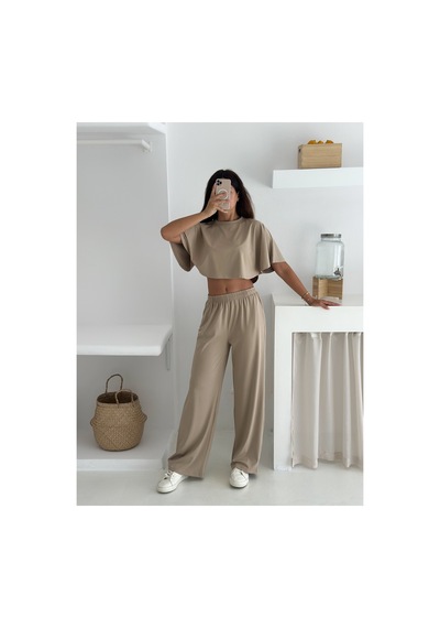 Gugus Yazlık Takım - Alt Üst Kadın Dokulu Kumaş -baggy Pantolon + Salaş Üst Bej