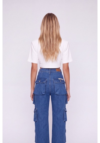 Holly Lolly Yüksek Bel Wide Leg Cargo Jean Pantolon Mavi