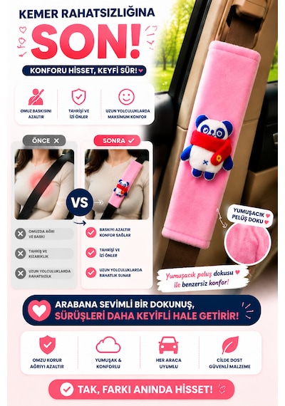 Panda Pembe Emniyet Kemeri Aksesuarı - Emniyet Kemeri Kılıfı-araç Emniyet Kemeri Omuz Koruyucu 1 Adet