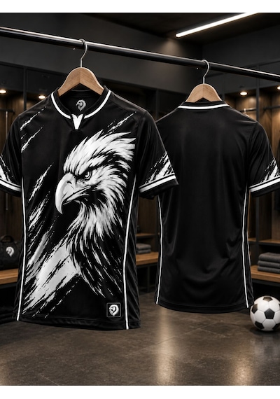 Yenteks Yetişkin Futbol Forması Kartal Desen Siyah Beyaz Özel Tasarım Forma Beyaz - Siyah
