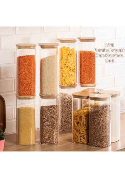 7-4 Bambu Vakumlu Kapaklı Kare Borsilikat Cam 12li Kavanoz Seti Saklama Kabı 1900ml 9,5x27cm Çok Renkli