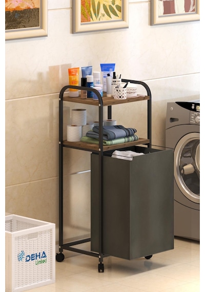 2 Raflı Frenli Tekerlekli Çamaşır Sepeti Banyo Dolabı Kirli Sepetli Banyo Düzenleyici Çamaşırlık 001