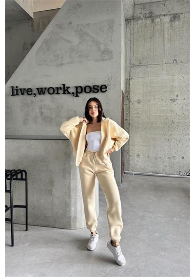Dip Moda Kadın Fermuarlı Alt Üst Eşofman Takımı Dpnbg028 Bej