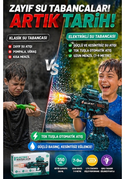 Elektrikli Su Tabancası Şarjlı Otomatik 350ml Işıklı Uzun Menzil Çocuk Oyuncak Su Silahı
