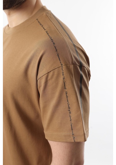 Madmext Kapüçino Overfit Baskılı Erkek Şort T-shirt Takım E7302 Kapuçino Sütlü Kahverengi