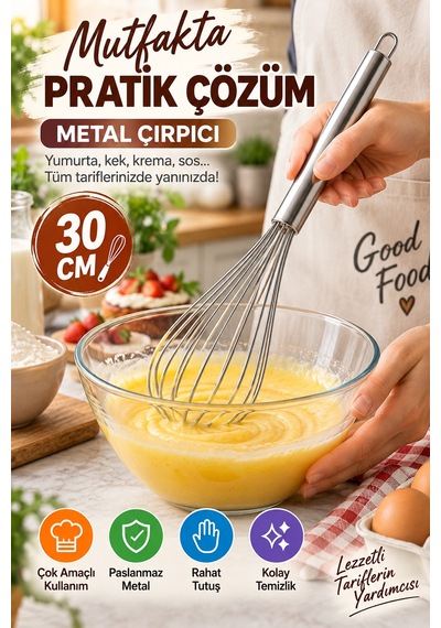 30 Cm Metal Çırpıcı Paslanmaz Çelik El Çırpıcısı Yumurta Kek Krema Sos Karıştırıcı Mutfak Gereci Tel Gümüş