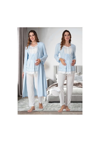 Effortt Dvina Lohusa Hamile Sabahlıklı Uzun Kollu Puantiyeli Pijama Takımı - Mavi Mavi