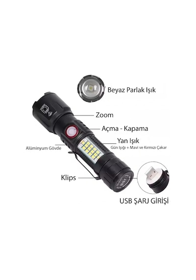 Ws-2828 Ultra Usb Şarjlı Polis El Feneri, Bekçi, Asker El Feneri Kırmızı Mavi Çakarlı 1000 Lümen Kırmızı