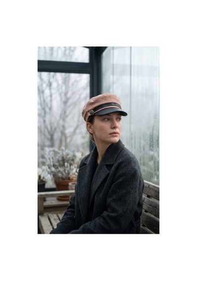 Emybox Kadın Süet Dokulu Deri Siperlikli Kaptan Şapka Vintage Kasket Şerit Detaylı Kışlık Ressam Şapkası Baker Boy Trend Aksesuar Pudra
