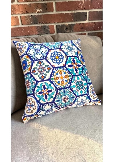 45 x 45 Kırlent İçi Dolu Salon Minderi, Minder, Çocuk Odası Minderi, Koltuk Minderi, Yastık Çini Desen