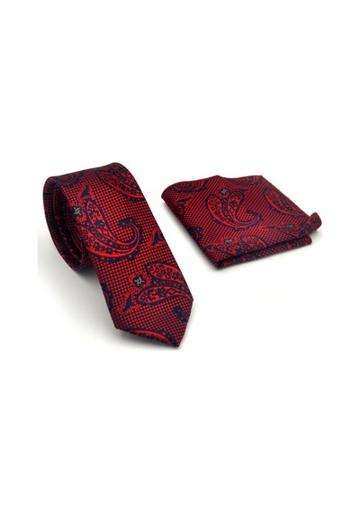 Gaffy Kırmızı Lacivert Şal Desenli Dokuma Kumaş Mendilli Slim Fit Kravat // Sdk-2604-5 Kırmızı