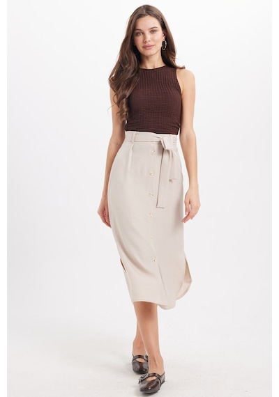 Tudors Kadın Slim Fit Dar Kesim Pileli Pamuklu Ön Düğme Kapamalı Kuşaklı Yırtmaçlı Taş Etek -50947