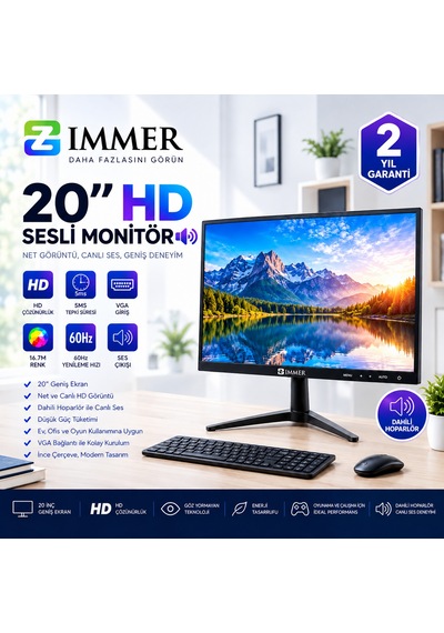 Zimmer 20 Hd Ready Led Bilgisayar Monitörü 60hz Yenileme, 5ms Tepki Süresi, Vga Girişli