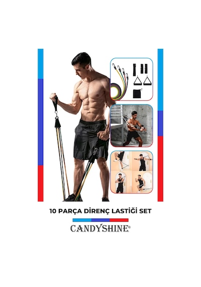 Candyshine 10 Parça Kondisyon Kardiyo Fitness Egzersiz Direnç Lastiği Çok Renkli