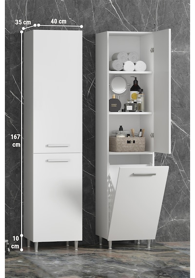 40x167 Cm Beyaz Mdf Sepetli Ayaklı Banyo Boy Dolabı