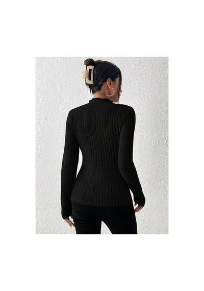 Moda Kadın Dik Yaka Uzun Kollu Esnek Yumuşak Dokulu Body Siyah Siyah