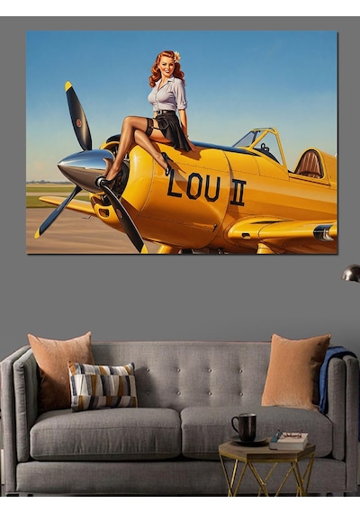 Ahşap Tablo Uçağın Kanadında Oturan Pin-up Kızı