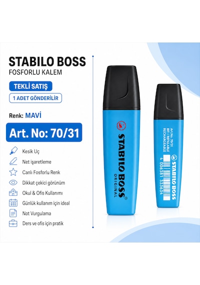 Boss Fosforlu Kalem 1 Adet Metin İşaretleme Kalemi Mavi