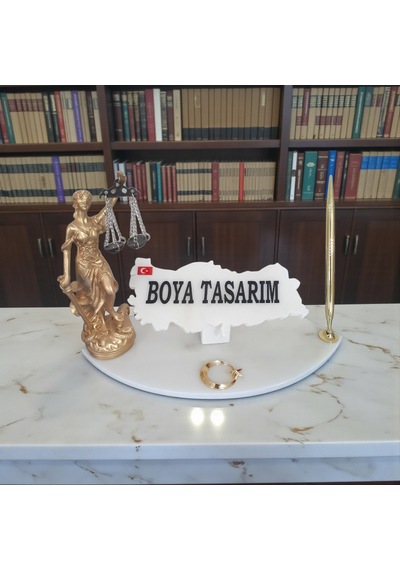 Doğal Beyaz Mermer İsimlik Sümen Takımı Kalem Ve Terazi Metal Ay Yıldızlı