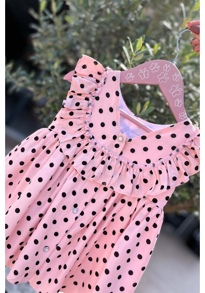 Puantiyeli Kolsuz Pamuklu Kız Çocuk Bebek Pudra Pembe Elbise 001